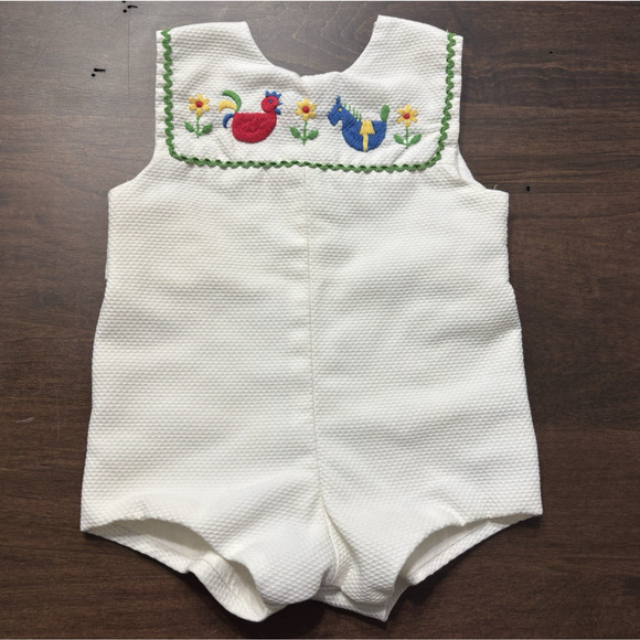 Vtg Handmade Baby Shortall Romper Spring Easter Boy Ric Rac Cotton Sz 3 Month - Picture 1 of 9